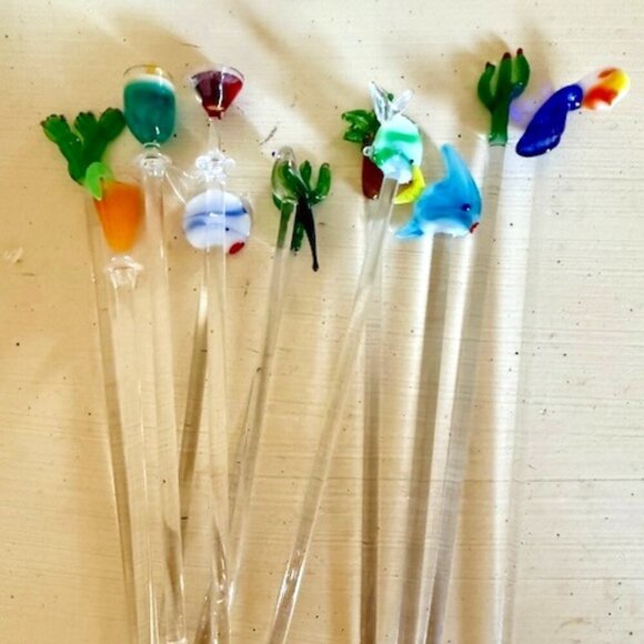 ANTIQUE VINTAGE BLOWN GLASS COCKTAIL SWIZZLE STIR STICKS - Picture 1 of 4